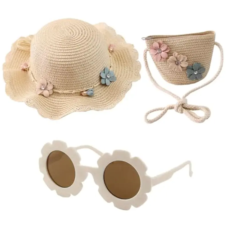 AMAZON Cappello Paglia Bambini con Borsa, Occhiali, Set Protezione Solare