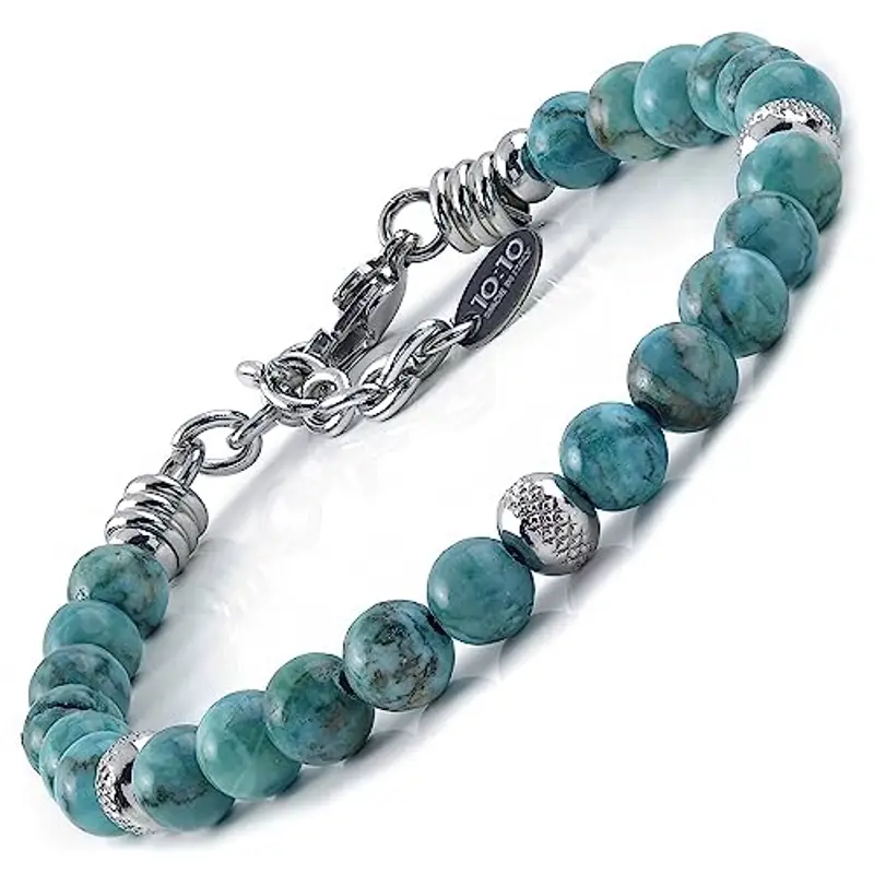 10:10 Bracciale con pietre turchese da 6 mm, beads in acciaio inox, bracciale molto resistente prodotto in Italia