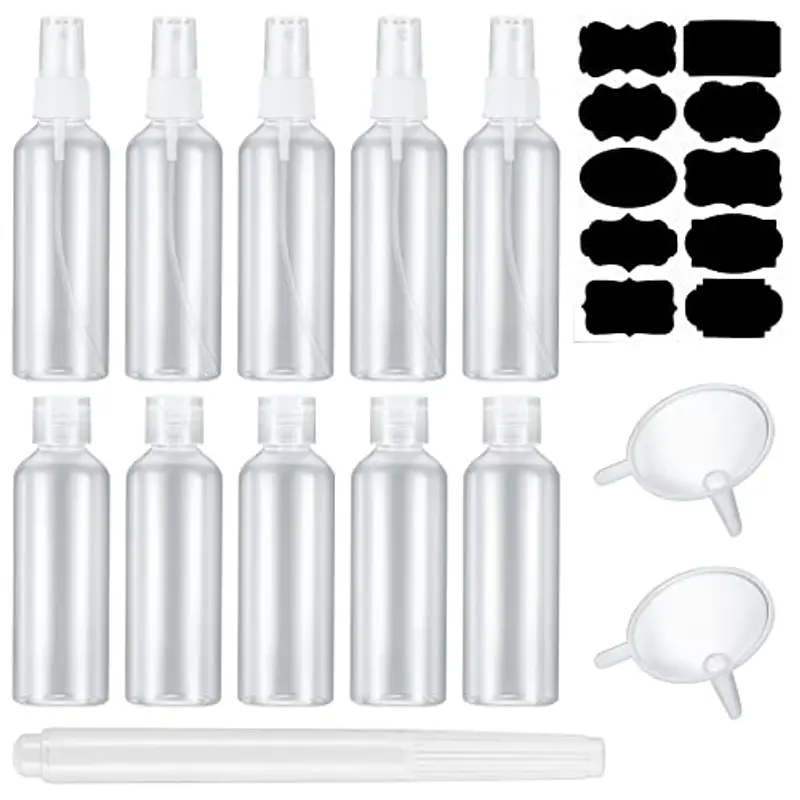 10 Pezzi 100 ml Set di Bottiglie da Viaggio (5 Flaconi con Tappo a Scatto, 5 Bottigliette Spray) Flaconi Contenitori di Plastica Riutilizzabili Vuote, con 2 Imbuti, 1 Etichetta, 1 Penna