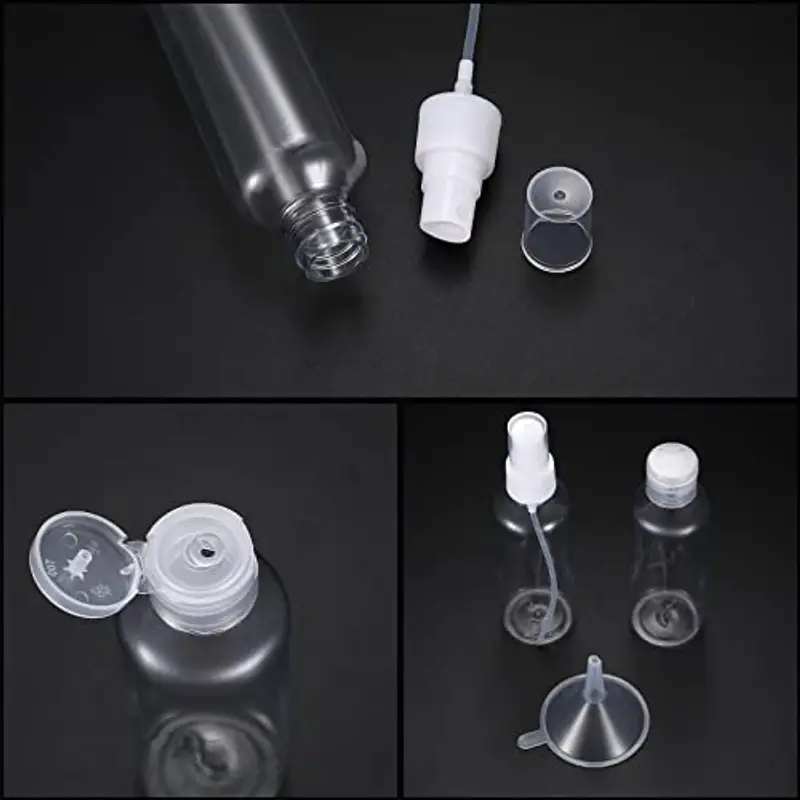 10 Pezzi 100 ml Set di Bottiglie da Viaggio (5 Flaconi con Tappo a Scatto, 5 Bottigliette Spray) Flaconi Contenitori di Plastica Riutilizzabili Vuote, con 2 Imbuti, 1 Etichetta, 1 Penna miniatura 3