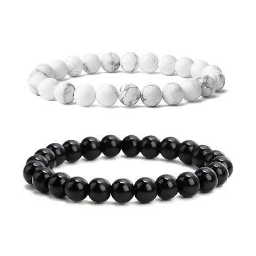 2 Braccialetto di Ossidiana Nera, Elastico Bracciale Perline per Uomo Donna, Regalo Fatto a Mano Fai Da Te