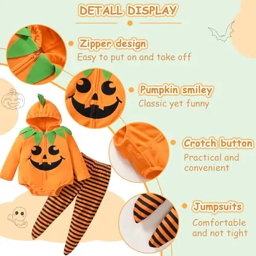 2 Pezzi Zucca Halloween Costume Neonato, Maniche Lunghe Vestito Halloween Neonato, Costume Halloweens Neonatos in miniatura 3