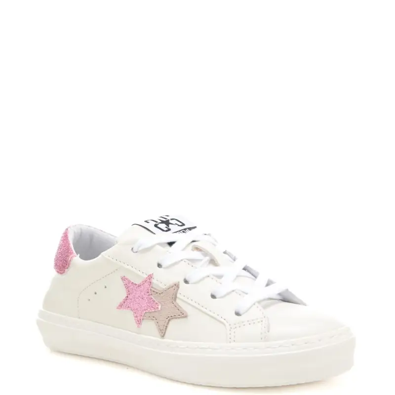 sneakers da bambina in vera pelle con inserti in suede e glitter bianco rosa miniatura 3