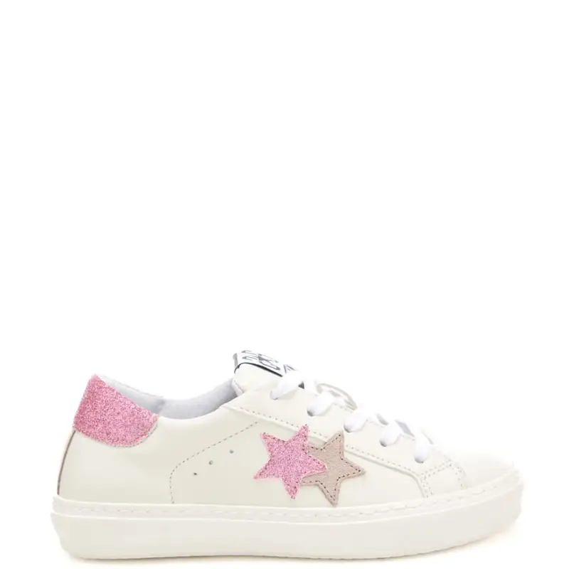 sneakers da bambina in vera pelle con inserti in suede e glitter bianco rosa