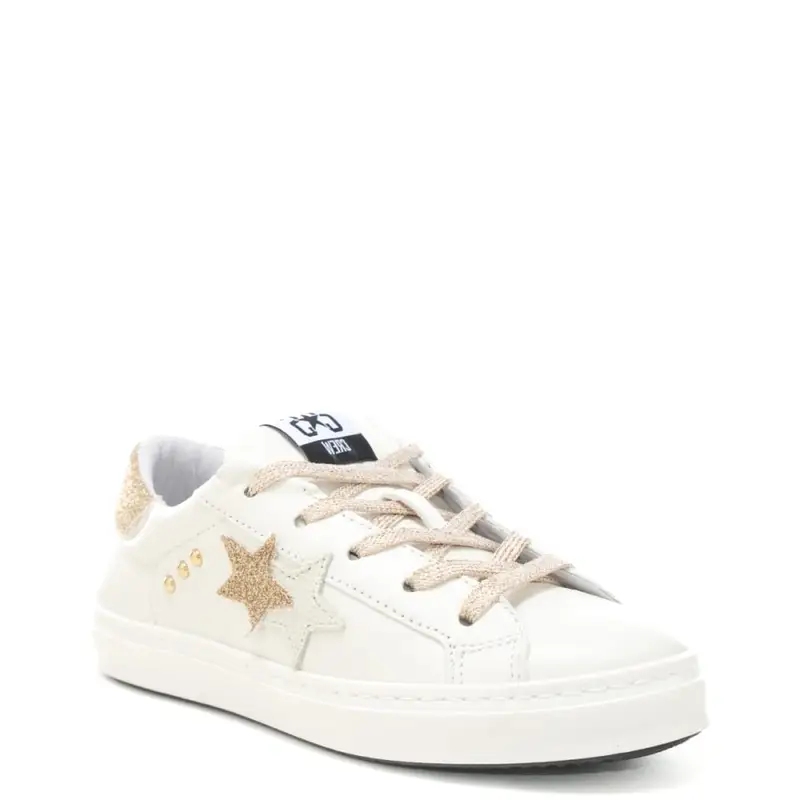 sneakers da bambina in vera pelle con inserti in suede, glitter e lacci in lurex bianco oro miniatura 2