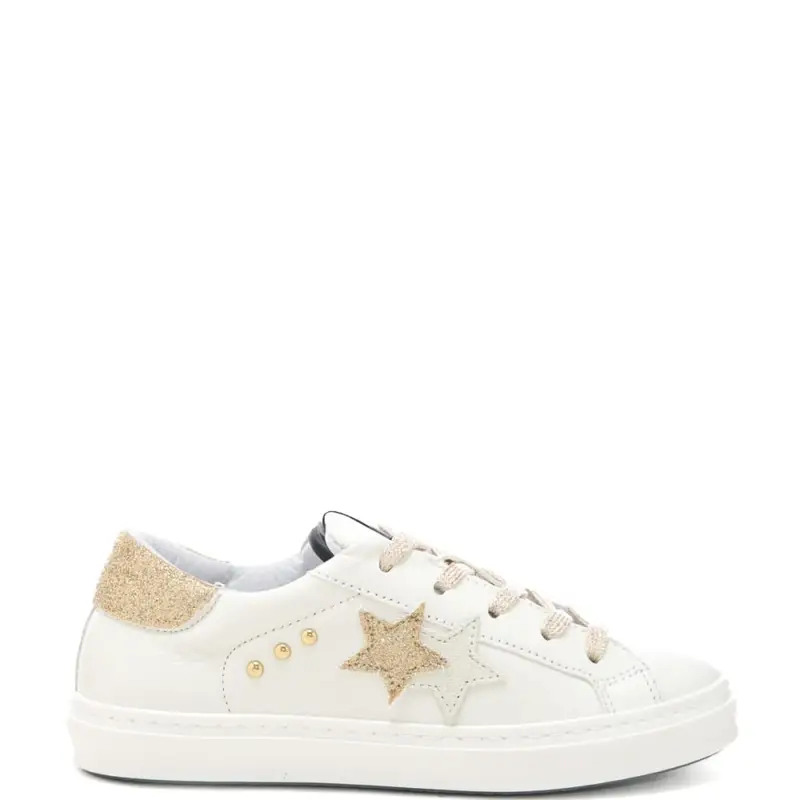 sneakers da bambina in vera pelle con inserti in suede, glitter e lacci in lurex bianco oro