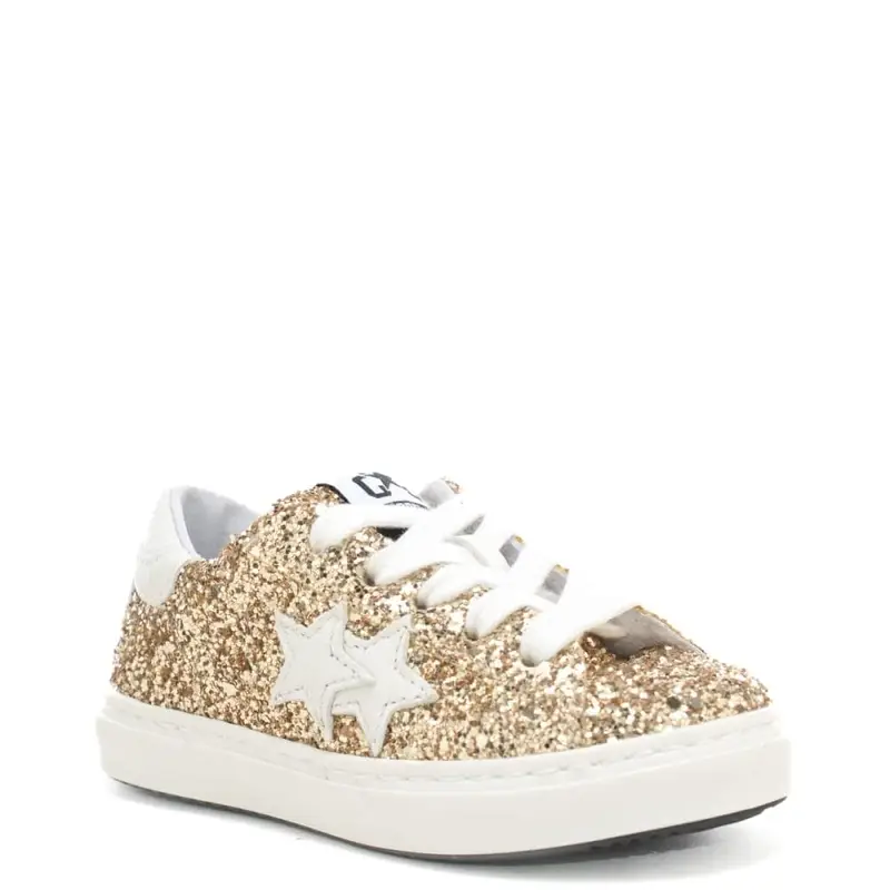 sneakers da bambina in vera pelle con tomaia con glitter all over oro miniatura 3