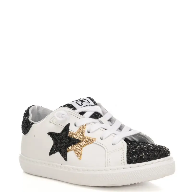 sneakers da bimba low con fondo a cassetta e stelle glitter bianco nero oro miniatura 2