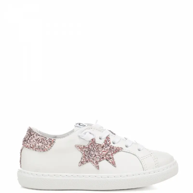 sneakers da bimba low con fondo a cassetta e stelle glitter bianco rosa