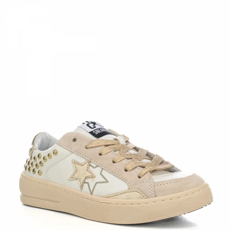 sneakers da donna enjoy star in vera pelle con inserti in suede e borchie sul retro bianco oro miniatura 2