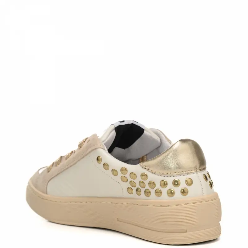 sneakers da donna enjoy star in vera pelle con inserti in suede e borchie sul retro bianco oro miniatura 3