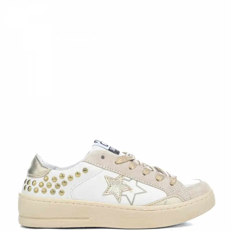 sneakers da donna enjoy star in vera pelle con inserti in suede e borchie sul retro bianco oro
