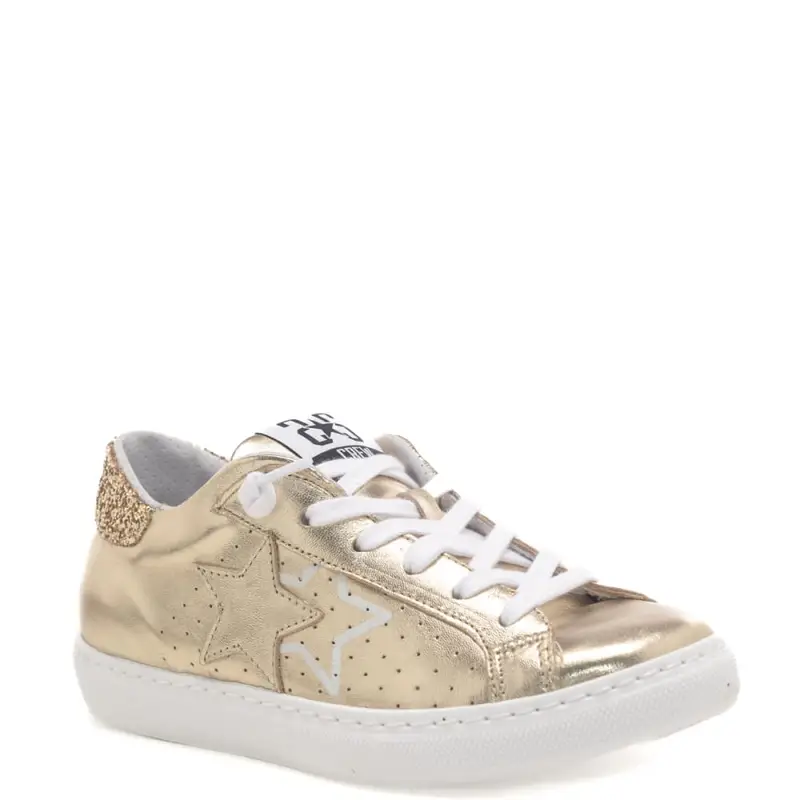 2 Star sneakers da donna in vera pelle con fondo a cassetta e stelle oro nero miniatura 2