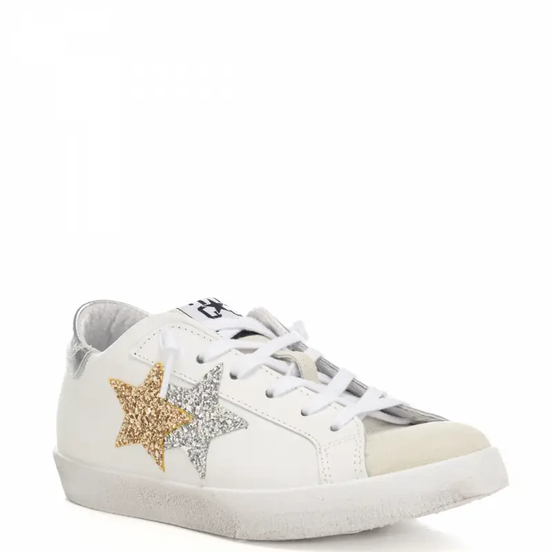 sneakers da donna prime star in vera pelle con glitter bianco argento oro miniatura 2