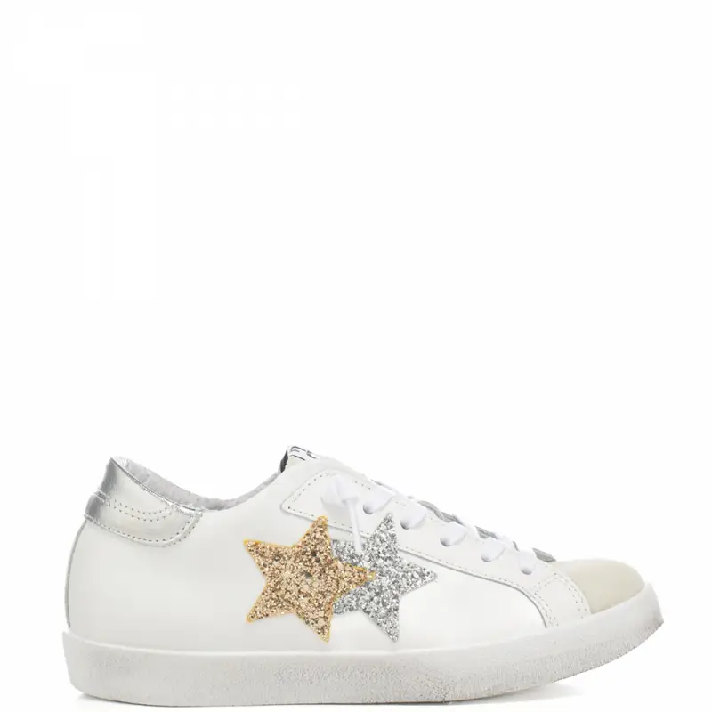 sneakers da donna prime star in vera pelle con glitter bianco argento oro