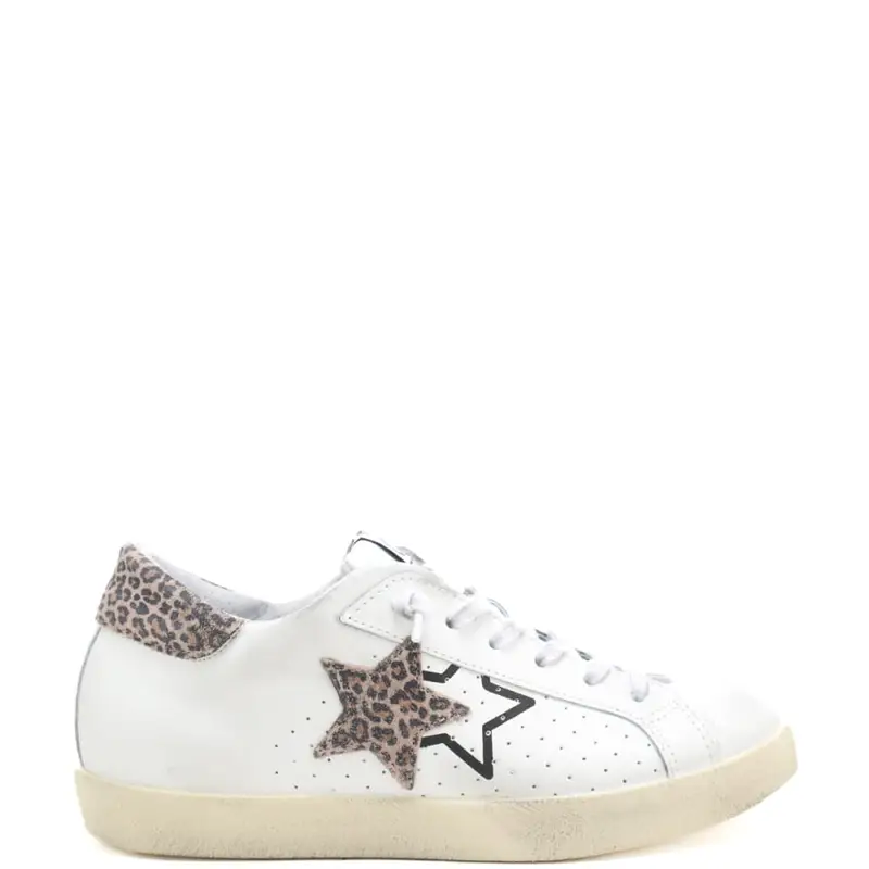 sneakers da donna prime star in vera pelle con inserti animalier bianco leopardo