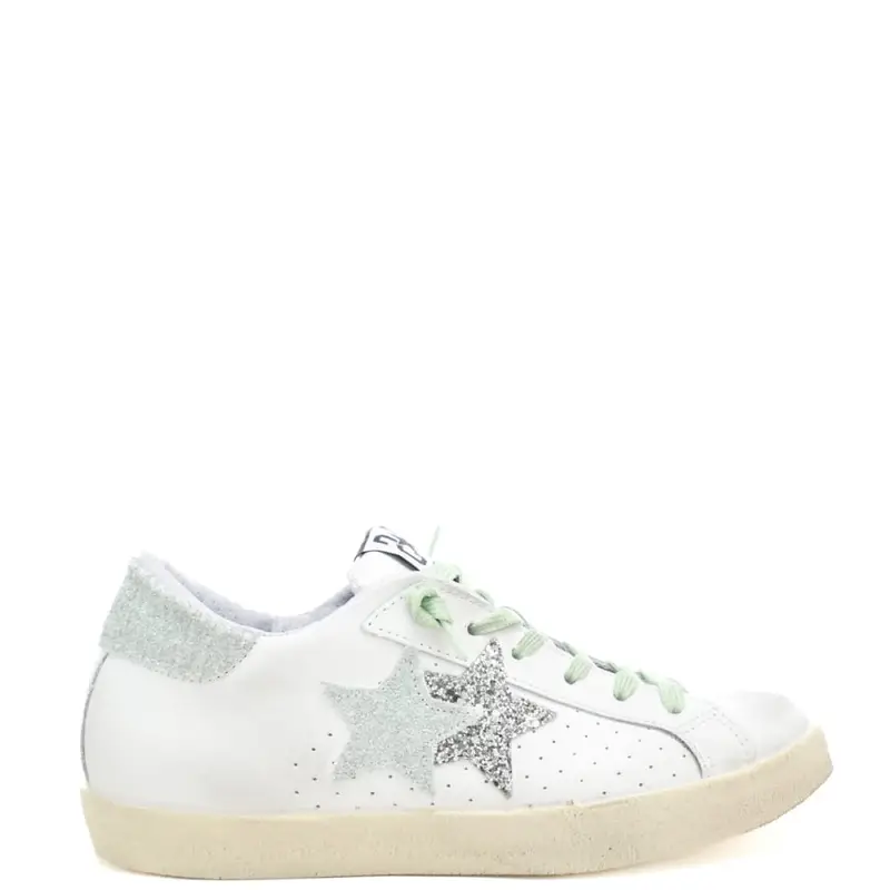 sneakers da donna prime star in vera pelle con inserti in suede e glitter bianco argento