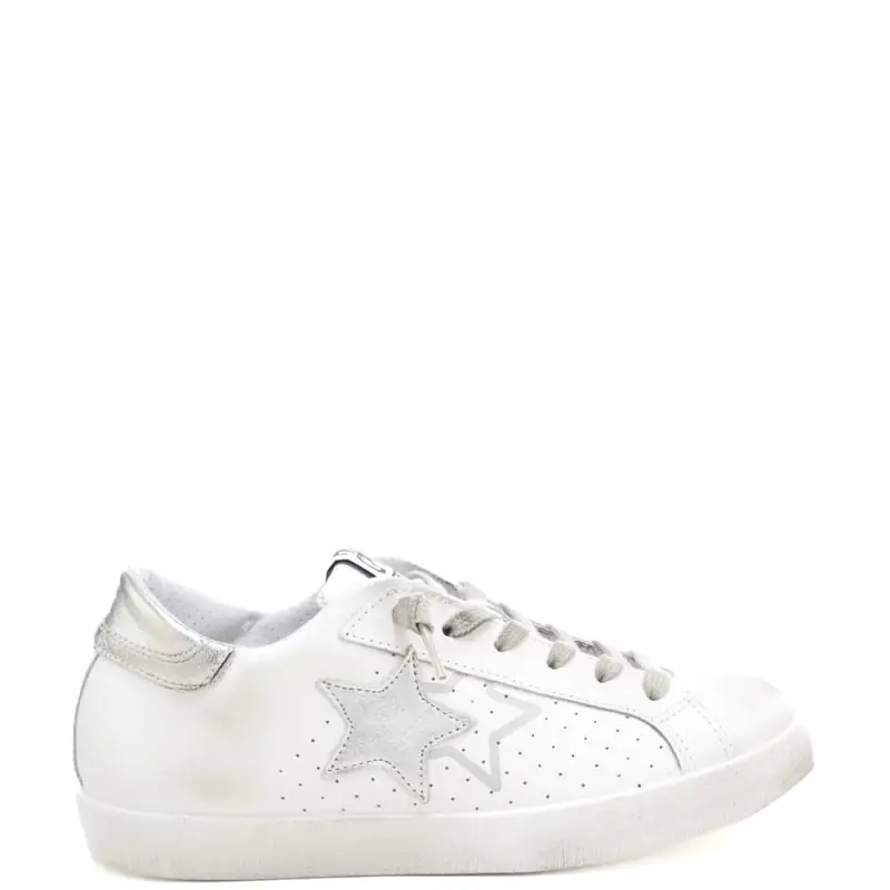 sneakers da donna prime star in vera pelle con inserti laminati bianco argento