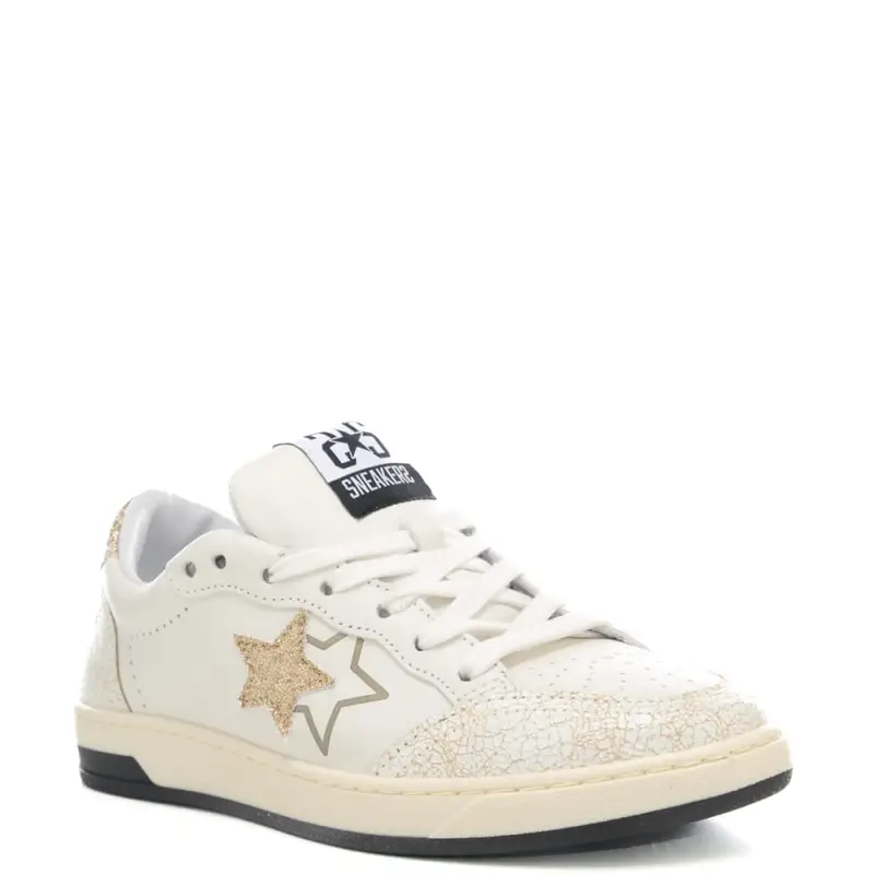 sneakers da donna week star con glitter e inserti in vera pelle effetto vintage bianco oro miniatura 2