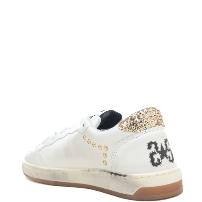 sneakers da donna week star in vera pelle con inserti con glitter bianco oro miniatura 3