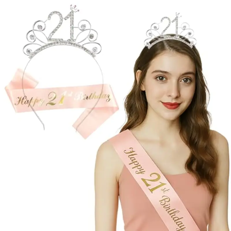 21 Anni Compleanno Crown e Fascia, Fascia e diadema per 21° compleanno per donna, Compleanno Corona e Fascia, Regalo per 21° Compleanno, per Feste di Buon 21° Compleanno