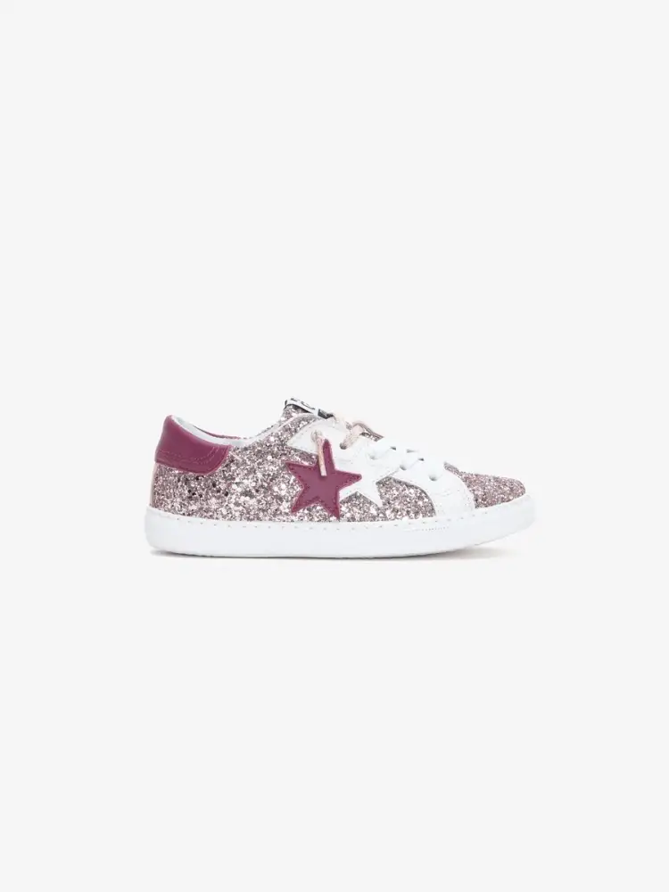 sneakers junior low glitter rosa con dettagli fucsia e biachi