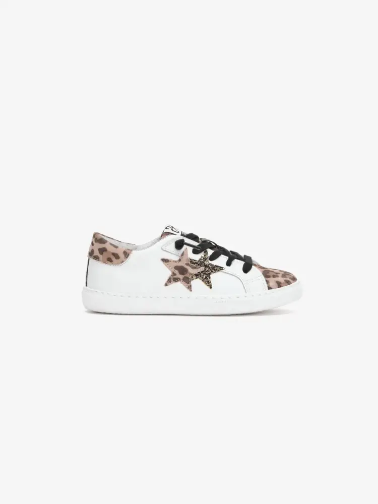 sneakers junior low in pelle bianca con dett.agli in leopardati