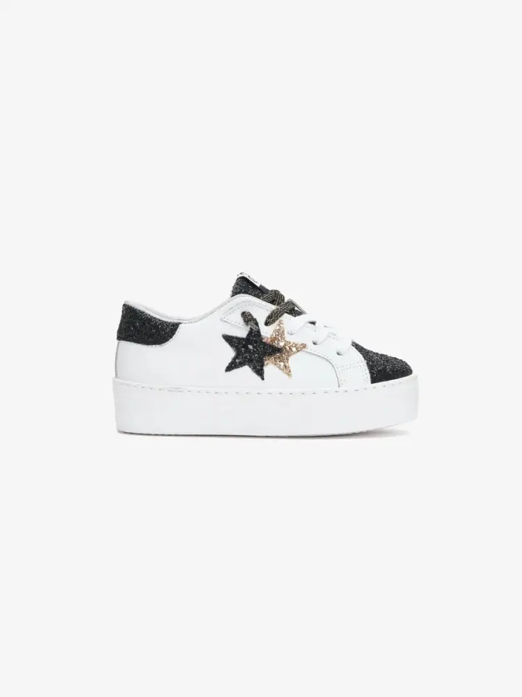 sneakers junior plattform in pelle bianca con dett.agli in glitterati nero oro