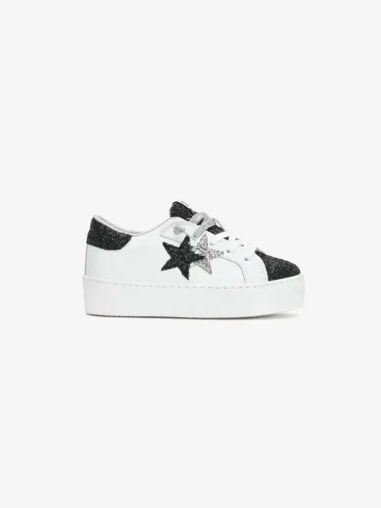 sneakers junior plattform in pelle bianca con dett.agli in glitterati