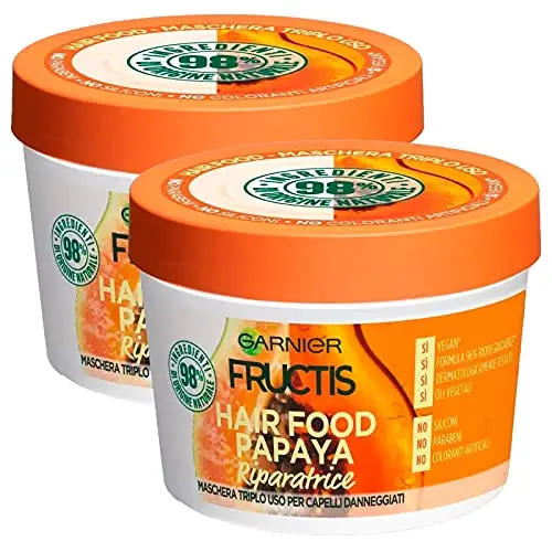 2x Garnier Fructis Maschera Per Capelli Hair Food 3in1 Riparatrice Papaya