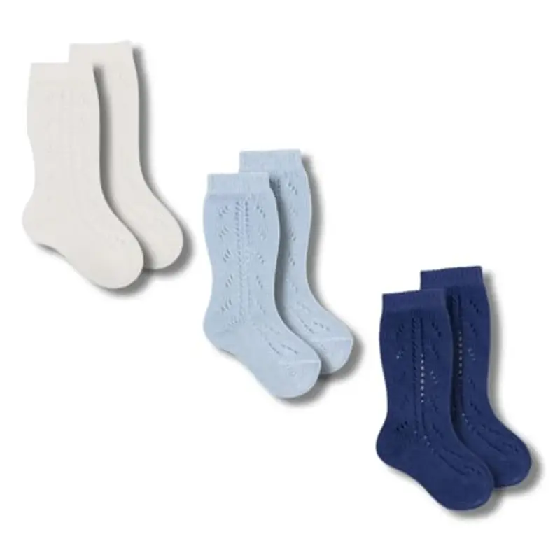 3 Paia di Calzini Lunghi Neonato in Cotone Elasticizzato con Motivo Traforato, Made in Italy (Tg. 0, azzurro, blu, panna)