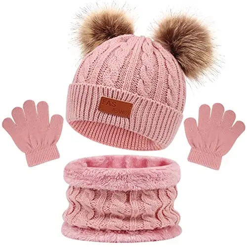 3 Pezzi Bambini Berretto Sciarpa Inverno e Guanti Set,Cappello con Pompom a Maglia Termico e Scaldacollo con Fodera in