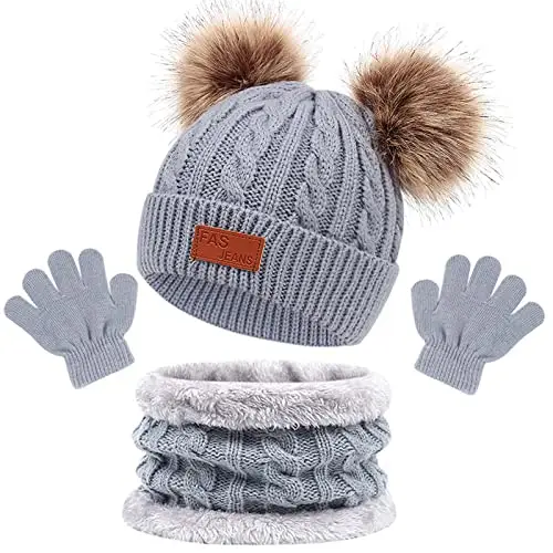 3 Pezzi Bambini Berretto Sciarpa Inverno Sciarpa e Guanti Set,Cappello con Pompom a Maglia Termico Cappelli e