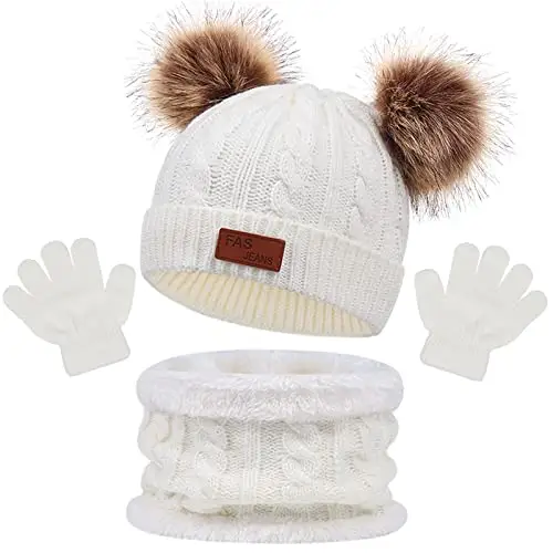 3 Pezzi Bambini Berretto Sciarpa Inverno Sciarpa e Guanti Set,Cappello con Pompom a Maglia Termico Cappelli e