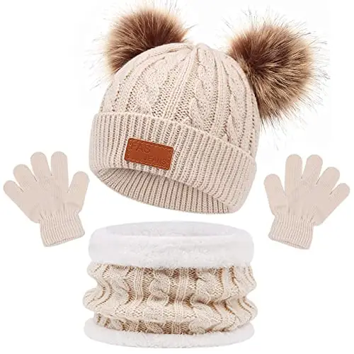 3 Pezzi Bambini Berretto Sciarpa Inverno Sciarpa e Guanti Set,Cappello con Pompom a Maglia Termico Cappelli e