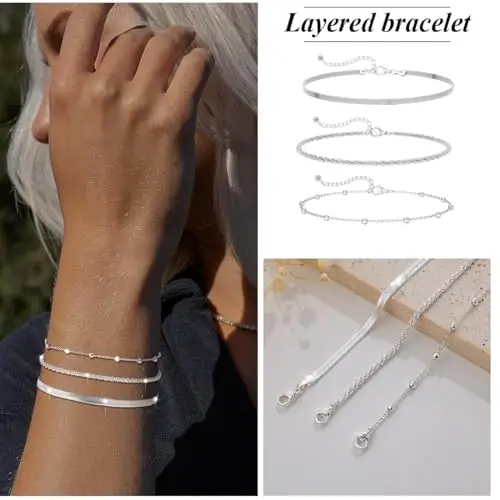 3 pezzi Bracciale da donna, set di braccialetti in argento, bracciale glitterato da donna, bracciale a catena miniatura 3