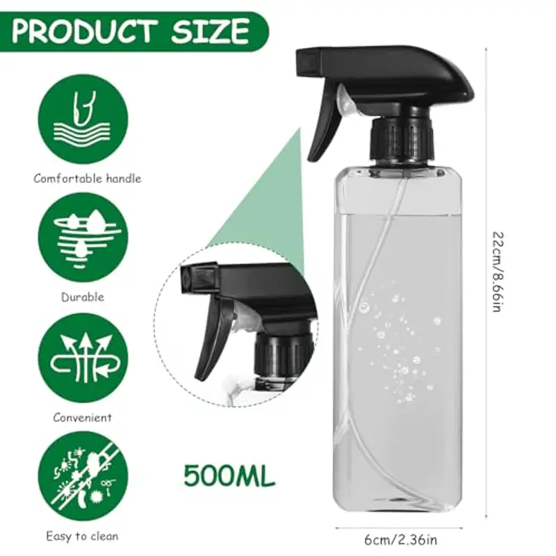 3 Pz 500ml Spruzzino Nebulizzatore Piante, Spruzzino per Piante Nebulizzatore Acqua, Empty Spray Bottles, Bottiglie Flacone Spray Vuoto, Grilletto Spruzzatore per Pulizia (Quadrato nero trasparente) miniatura 2