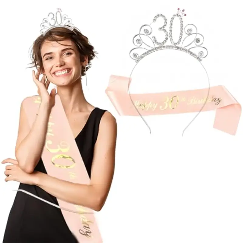 30 Anni Compleanno Donna Decorazione Fascia e Tiara, Oro Rosa 30 Compleanno Fascia, Corona RegaliRegalo 30 Anni Donna per Decorazione Festa di Compleanno