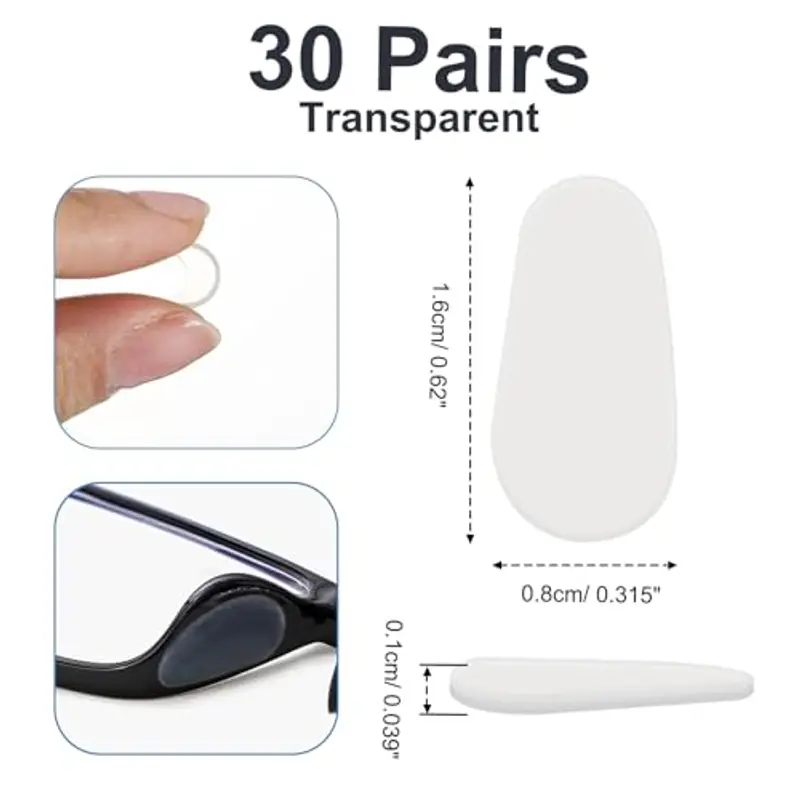 30 Paia Naselli per Occhiali Silicone, Naselli Antiscivolo per Occhiali, Adesivi Nasello in Silicone per Occhiali da Sole Occhiali da Vista(1mm Trasparente) miniatura 2