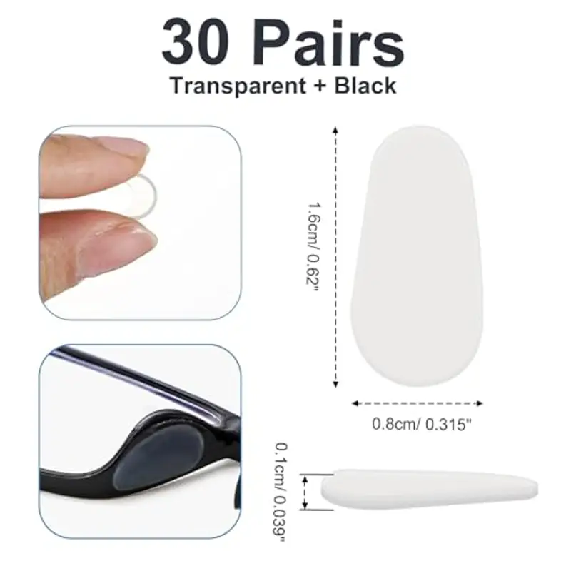 30 Paia Naselli per Occhiali Silicone, Naselli Antiscivolo per Occhiali, Adesivi Nasello in Silicone per Occhiali da Sole Occhiali da Vista(1mm Trasparente + Nero) miniatura 2