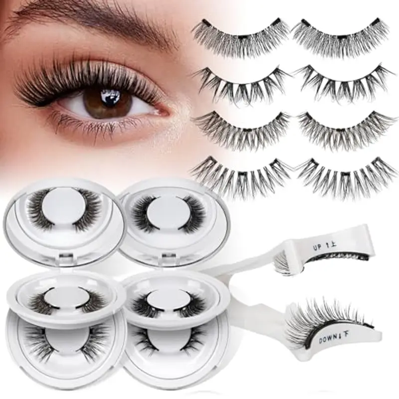 4 paia Ciglia Finte Magnetiche effetto naturale, senza colla, set di ciglia magnetiche riutilizzabili con applicatore, facili da indossare con istruzioni (4 paia A)