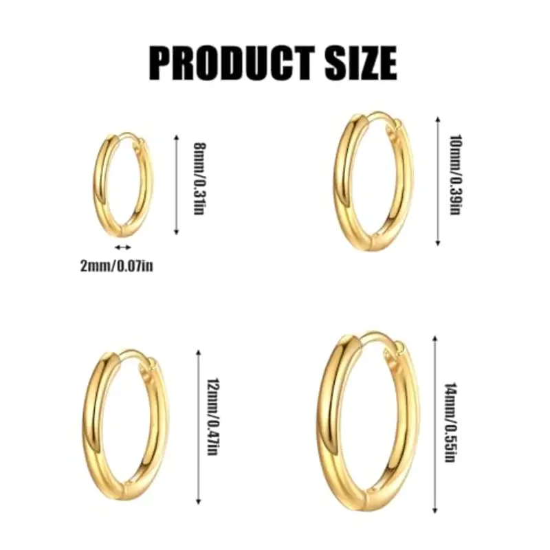 4 Paia di orecchini a cerchio per uomini e donne, leggeri, acciaio inossidabile, cartilagine, cerchio, ipoallergenico, Orecchini Acciaio Inossidabile di Orecchini Cerchio Piccoli 8-14 mm(oro) miniatura 2