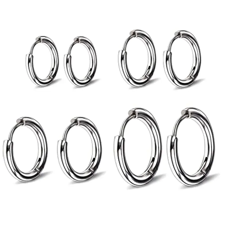 4 paia di orecchini Argento a cerchio per uomini e donne, leggeri, cartilagine, ipoallergenico, 8-14 mm, Acciaio Inossidabile Piccoli