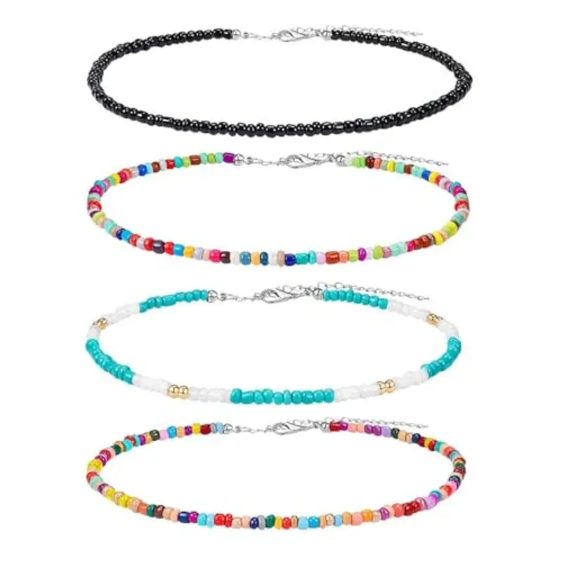 4 Pezzi Collana Surfer Girocollo di Perline Boho Gioielli in Vinile Africano, per Donne, Ragazze, Vacanza