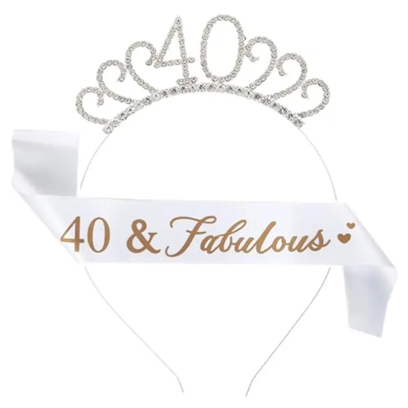 40 Anni Compleanno Crown e Fascia, Fascia e diadema per 40° compleanno per donna, Compleanno Corona e Fascia, Regalo per 40° Compleanno, per Feste di Buon 40° Compleanno (Bianco)