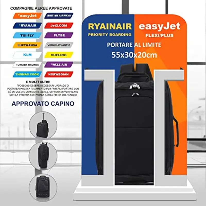 5 Cities Trolley Zaino Bagaglio a Mano, 44 Litri, Nero miniatura 3