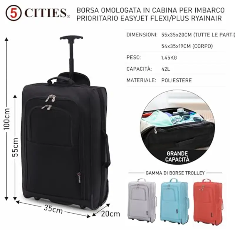 5 Cities Valigia Trolley Bagaglio A Mano, 55cm, 2 Ruote, 42L, Ultraleggero Cabina Da Viaggio, 1 pezzo miniatura 2