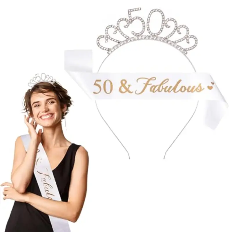 50 Anni Compleanno Crown e Fascia, Fascia e diadema per 50° compleanno per donna, Compleanno Corona e Fascia, Regalo per 50° Compleanno, per Feste di Buon 50° Compleanno (Bianco)