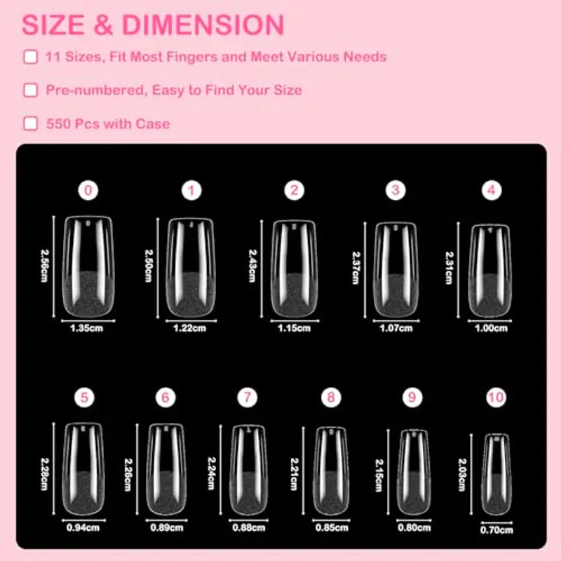 550 Pezzi Tip in Gel Unghie, 11 Taglie Tip Unghie Ricostruzione, Unghie Finte Copertura Completa, Gel Tips Unghie Quadrate per Salone Manicure, Nail Art Principiante miniatura 2