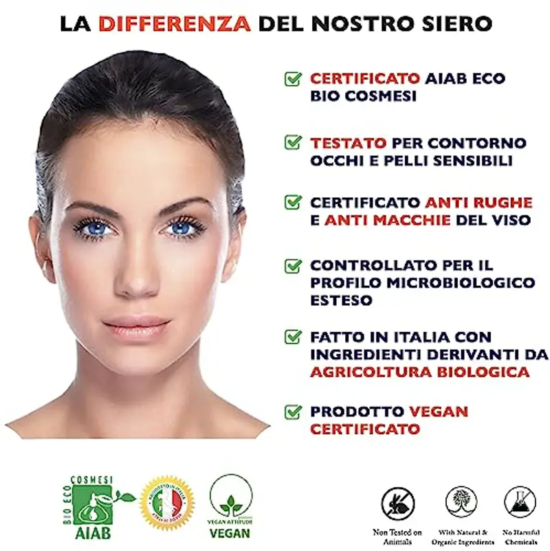 60ml. Bio Siero Vitamina C e Vit. E. Siero Viso Acido Ialuronico Antirughe, Antimacchie Illuminante, e Antietà. Ideale Come Crema Contorno Occhi e per Dermaroller. Biologico, Vegano miniatura 3